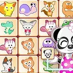 Hình ảnh gồm các ô vuông với hình vẽ động vật và một nhân vật gấu trúc mặc tạp dề hồng đứng bên cạnh