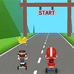 Ba nhân vật đang điều khiển xe ba bánh chuẩn bị bắt đầu cuộc đua trên con đường với bảng START phía trước trong khung cảnh cây cối xanh tươi