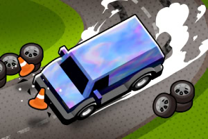 Xe tải màu xanh đang drift trên đường với khói và cọc giao thông, xung quanh có lốp xe dự phòng