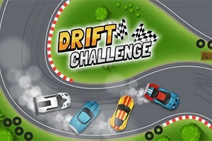 Hình ảnh bốn chiếc xe đua đang drift quanh góc cua trên đường đua uốn lượn, với chữ Drift Challenge nổi bật ở trung tâm