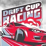 Hình ảnh một chiếc xe đua màu đỏ đang drift với khói bốc lên và dòng chữ Drift Cup Racing phía sau
