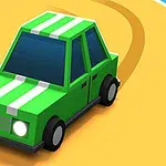 Xe ô tô màu xanh lá cây với hai sọc trắng trên nắp capo đang di chuyển trên đường cong màu vàng