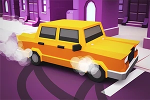 Xe ô tô màu vàng đang drift trên đường phố với khói bốc lên từ bánh xe