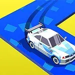 Xe hơi màu trắng và xanh đang drift trên đường màu xanh với nền màu vàng