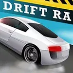 Xe ô tô thể thao màu trắng đang thực hiện kỹ thuật drift trên đường đua với dòng chữ Drift Race phía trên