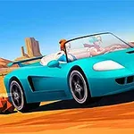 Chiếc xe màu xanh đang di chuyển trên con đường sa mạc, với hai người ngồi bên trong và cảnh quan đá phía sau