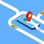 Hình ảnh một chiếc điện thoại thông minh trên nền xanh dương, với biểu tượng vị trí màu đỏ nổi bật trên màn hình và hai chiếc taxi màu vàng di chuyển trên các con đường trắng