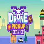 Hình ảnh hiển thị chữ Drone Pickup Service cùng với các tòa nhà và cảnh quan thành phố hoạt hình