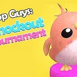 Chú chim hoạt hình màu hồng với đôi mắt to đứng trên bục màu hồng, nền màu vàng với chữ tiêu đề đầy màu sắc