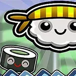 Hình ảnh một miếng sushi hoạt hình với khuôn mặt cười, đội băng đô màu vàng sọc, bên cạnh một cuộn sushi nhỏ hơn cũng có khuôn mặt cười
