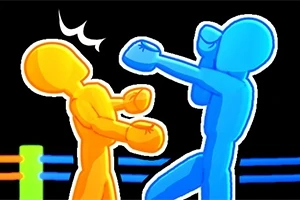 Hai nhân vật hoạt hình, một màu vàng và một màu xanh, đang đấu vật trong một sàn đấu đơn giản với nền đen