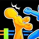 Hai nhân vật hoạt hình, một màu vàng và một màu xanh, đang đấu vật trong một sàn đấu đơn giản với nền đen