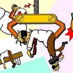 Hình vẽ một người bị mắc kẹt trong một máy móc hình kẹp lớn màu vàng, bên cạnh là một con voi trắng và một người nằm trên bàn