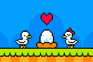 Duck Duck Hai chú chim bằng pixel đứng cạnh một tổ với quả trứng, phía trên có hình trái tim màu đỏ