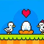 Duck Duck Hai chú chim bằng pixel đứng cạnh một tổ với quả trứng, phía trên có hình trái tim màu đỏ