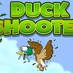Con vịt đang bay hoảng loạn giữa không trung, với những chiếc lông văng ra xung quanh, phía trên là dòng chữ DUCK SHOOTER lớn và nổi bật