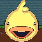 Chú vịt màu vàng lớn với khuôn mặt đang cười trên nền đồ họa 8-bit