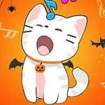 Mèo trắng đeo vòng cổ bí ngô hát với nền nhạc và trang trí Halloween gồm mạng nhện, dơi, và bí ngô