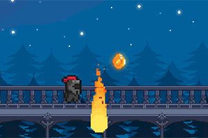 Một nhân vật pixel đứng trên cầu vào ban đêm, đối diện một ngọn lửa và một đồng tiền vàng lơ lửng