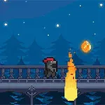 Một nhân vật pixel đứng trên cầu vào ban đêm, đối diện một ngọn lửa và một đồng tiền vàng lơ lửng
