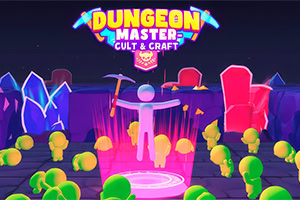 Chữ DUNGEON MASTER: CULT & CRAFT phát sáng phía trên một nhân vật que đứng dang tay trên bệ tròn màu hồng, xung quanh là rừng cây tròn nhiều màu và các khối đá lớn trong khung cảnh tối