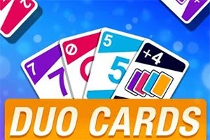 Những lá bài nhiều màu sắc với các số và ký hiệu trên nền xanh, cùng dòng chữ DUO CARDS nổi bật màu cam
