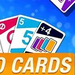 Những lá bài nhiều màu sắc với các số và ký hiệu trên nền xanh, cùng dòng chữ DUO CARDS nổi bật màu cam