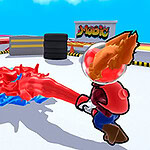 Nhân vật hoạt hình với đầu hình cầu kính đang bắn tia sáng đỏ vào một nhân vật khác với mái tóc xanh và trang phục đặc biệt trên nền sân đấu màu trắng