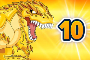 Khủng long vàng với hàm răng sắc nhọn cạnh số 10 trên nền màu vàng sáng