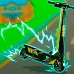 Xe điện hai bánh màu đen với hoa văn vàng và hiệu ứng tia sét xanh bên trên bề mặt đường