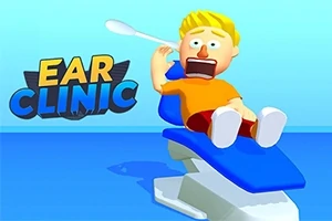 Một nhân vật hoạt hình tóc vàng trên ghế khám tai trong phòng khám với biểu cảm ngạc nhiên