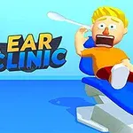 Một nhân vật hoạt hình tóc vàng trên ghế khám tai trong phòng khám với biểu cảm ngạc nhiên