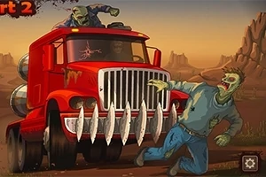 Earn to Die 2012: Part 2 Xe tải màu đỏ với cọc nhọn phía trước đang đâm vào một thây ma trên đường sa mạc