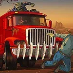 Earn to Die 2012: Part 2 Xe tải màu đỏ với cọc nhọn phía trước đang đâm vào một thây ma trên đường sa mạc