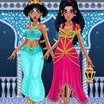 Hai nhân vật nữ đứng cạnh nhau, một người mặc trang phục xanh ngọc và người kia mặc váy hồng cầm đèn lồng, với nền kiến trúc cổ điển phía sau
