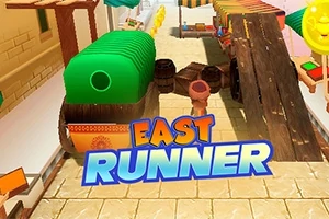 Người đang chạy trên con đường lát gạch với các chướng ngại vật và chữ East Runner ở phía trước
