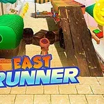 Người đang chạy trên con đường lát gạch với các chướng ngại vật và chữ East Runner ở phía trước