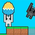 Nhân vật pixel giữ một quả trứng màu sắc bên cạnh một sinh vật bay màu đen trên nền xanh