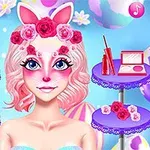 Một cô gái với tóc hồng, đôi tai thỏ, vòng hoa hồng trên đầu, cùng với các dụng cụ trang điểm xung quanh trên nền xanh