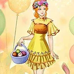 Người phụ nữ mặc váy vàng, đội vòng hoa, cầm giỏ trứng màu sắc, đứng cạnh chú thỏ và các quả bóng bay nhiều màu sắc