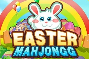 Hình ảnh có một con thỏ trắng dễ thương trên nền cầu vồng, trứng Phục Sinh và bóng bay nhiều màu sắc