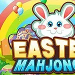 Hình ảnh có một con thỏ trắng dễ thương trên nền cầu vồng, trứng Phục Sinh và bóng bay nhiều màu sắc