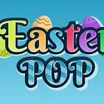 Chữ Easter POP nhiều màu sắc với hình ảnh trứng Phục Sinh ở phía sau trên nền xanh