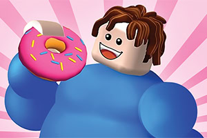 Nhân vật hoạt hình cầm bánh donut hồng với hạt rắc màu, trên nền tia sáng màu hồng