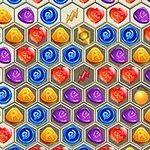 Các viên gạch hình lục giác với biểu tượng và màu sắc khác nhau xếp liền nhau