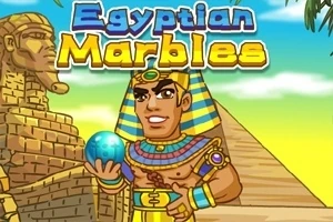 Một pharaoh Ai Cập cầm viên bi xanh đứng trước kim tự tháp và tượng nhân sư, với tiêu đề Egyptian Marbles trên nền trời xanh