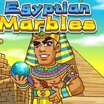 Một pharaoh Ai Cập cầm viên bi xanh đứng trước kim tự tháp và tượng nhân sư, với tiêu đề Egyptian Marbles trên nền trời xanh