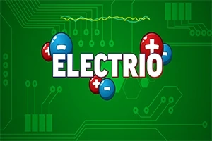 Chữ ELECTRIO nổi bật giữa các biểu tượng dấu cộng và trừ trên nền xanh lá cây với các họa tiết mạch điện tử