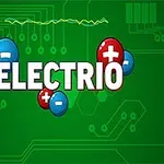 Chữ ELECTRIO nổi bật giữa các biểu tượng dấu cộng và trừ trên nền xanh lá cây với các họa tiết mạch điện tử