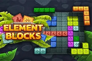 Hình ảnh có chữ Element Blocks nổi bật với các khối vuông màu sắc khác nhau sắp xếp trên nền gạch và lá cây xanh